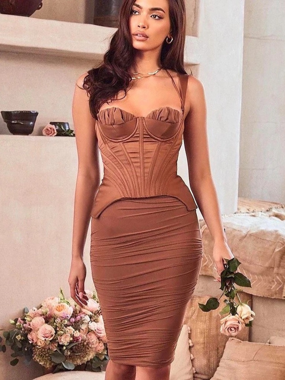 House of CB Sorrel Corset Stretch Mesh Midi Dress Brown XS